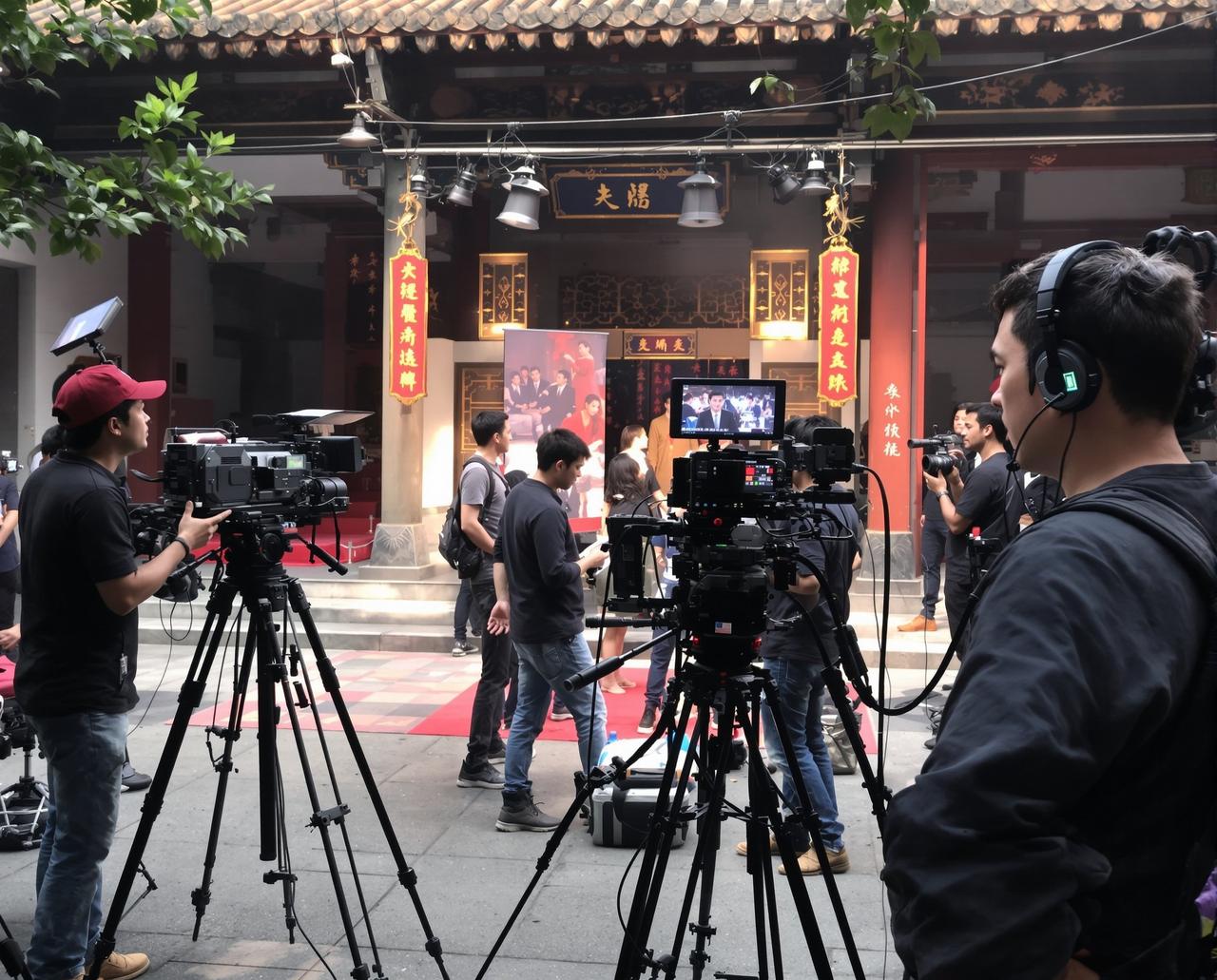 三三影视外景拍摄团队正在进行影视剧现场拍摄工作